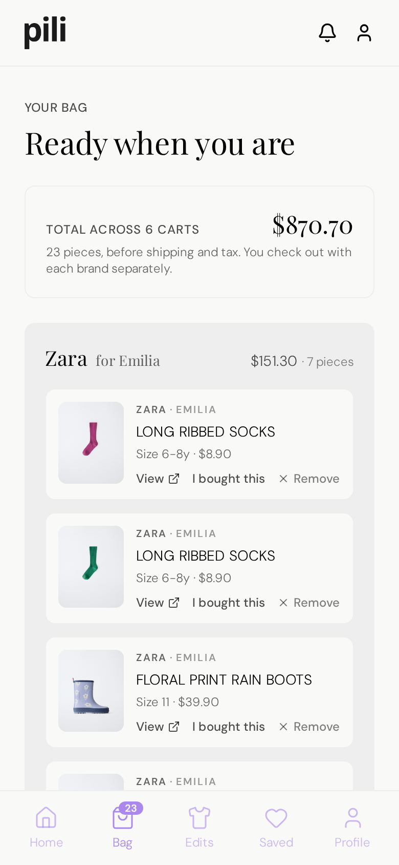 Your bag, grouped by brand, each with its own checkout.