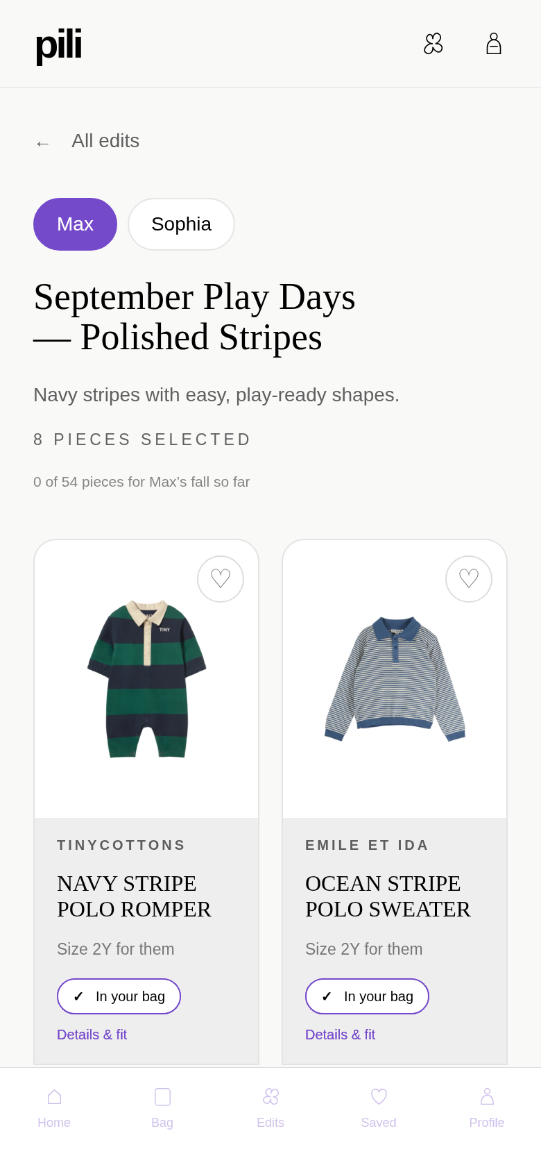 Max’s edit, composed around polished navy stripes.